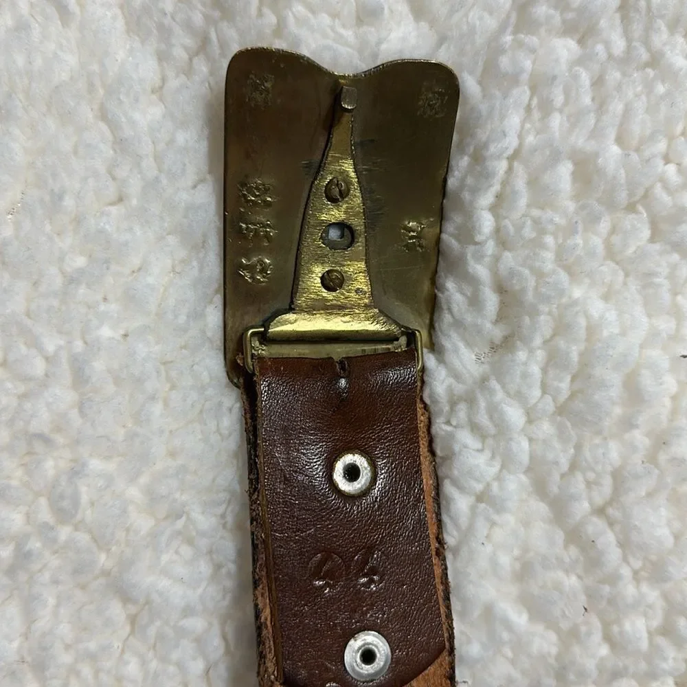 Vintage 44 Brown Gold Tone Buckle Tooled Braided Leather Belt x RED Embossed